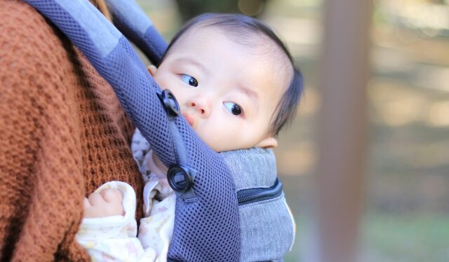 育児,レジャー,攻略法,抱っこひもで背負われる乳児